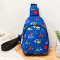 Detail view of cartoon truck patterns on blue kids crossbody bag with adjustable strap - Blue Engineering Vehicle