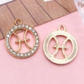 Golden Pisces zodiac charms with sparkling rhinestones and textured metallic finish - Pisces