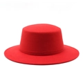Close-up of bright red flat top wool fedora hat with smooth texture and retro style - M (56-58cm) / Red