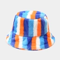 Rainbow striped plush bucket hat in blue, orange and white faux fur for winter warmth - 9# Blue Orange White