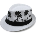Classic white straw fedora hat featuring black coconut tree patterns and a black ribbon band - M (56-58cm) / White with Coconut Tree