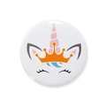 Close-up of cute cartoon unicorn badge with crown and pink horn for birthday party - Style 3