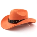 Détail du chapeau de cowboy orange avec bande en cuir noir et emblème de taureau - M (56-58cm) / Orange