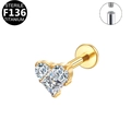 Golden heart-shaped F136 titanium stud with three zircon stones and internal threading - Gold Heart