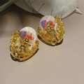 French vintage 18K gold earrings with crescent moon frame and purple dried flowers - Pink Crescent Scepter Dried Flower