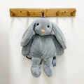 Cute dark gray plush rabbit backpack featuring long floppy ears and purple woven straps - Rabbit / Gray