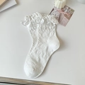 Chaussettes mi-mollet blanches Lolita avec bordure en dentelle satinée et texture côtelée - Taille unique / Blanc Pur Rose