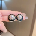 French retro stud earrings with white pearl and gold hollow frame on black base - Pearl Round Studs / Black & Gold