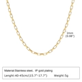 Detail showing 2mm wide stainless steel box chain with dimensions and gold plating info - NC-1431G 2mm Flat Chain