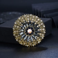 Vintage sunflower brooch with opal center stone and blue crystal accents on golden base - Ink Blue & Grey Diamond Sunflower with AB White & Grey Acrylic