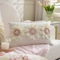 White rectangular princess pillow cover with three 3D floral accents for sofa decor - White+Pink New Lumbar (Cover Only)