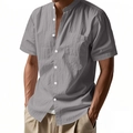 Chemise Henley décontractée grise en lin pour homme avec poche de poitrine - S / Gris