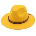 Yellow wide brim fedora hat with braided rhinestone band and leather straps on white background - M (56-58cm) / Yellow