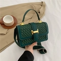 Dark green woven small square bag with golden H-buckle and wide crossbody strap - Green