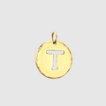 Golden 316L stainless steel round pendant featuring a hollow letter T design - 14K Gold - T