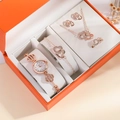 Rose gold watch and jewelry set with rhinestone hearts in an orange gift box - Rose Gold Clover (Orange Box)