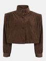Dark brown faux suede bomber jacket with pleated shoulder pads and lantern sleeves - S / Caramel color