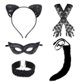 Black sequin cat cosplay set with cat ears headband lace gloves and fur tail - Black Set Style 3 (5 Pcs) / Black