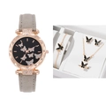 Elegant rose gold watch set with butterfly pattern and matching jewelry in gift box - Gray Butterfly Watch Set (Orange Box)