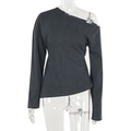 Detailed view of dark grey off-shoulder knitted top with asymmetrical neckline on mannequin - S / Dark Gray
