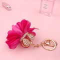 Pink fabric flower keychain with rhinestone crown and golden metal chain for handbags - Crown Flower Rose Red