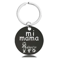 Close-up of black metal keychain with engraved mi mama text and mother figures - Black Keychain (Y00037)