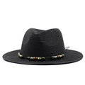 Close-up of the black straw fedora featuring a colorful ethnic style beaded band - Black