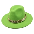 Macro detail of wool-textured neon green fedora hat with chunky gold metal chain link - M (56-58cm) / Grass Green