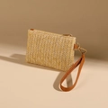 Portamonete in paglia beige con cinturino in ecopelle marrone e motivo a zigzag - Albicocca