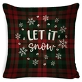 Red and green plaid Christmas pillow cover with white LET IT SNOW text and snowflakes - A-29