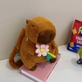 Cute brown plush Capybara crossbody bag holding a pink flower with soft fuzzy strap - 35cm / Pink Flower Capybara