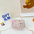 Pink tweed girl's handbag with large pearl handle, bow decoration and gold metal chain - Small Pink