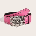 Roze punk riem voor dames met zilveren bloemengesp en klinknagels decoratie - Fuchsia (Zilveren Klinknagels)