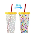 710ml color changing cold cup with yellow lid, red straw and heart pattern - Heart Pattern (Yellow)