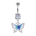 Silver belly button ring featuring a blue aurora butterfly pendant with sparkling zircons - Silver Blue White Butterfly (24040901-3)