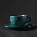 Dark cyan ceramic coffee cup and saucer set with geometric V-shaped relief and matte finish - 202-e Luanfeng Coffee Mug + Saucer Dark Green 250ml (pearl Cotton Packaging) / Universal