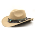 Dettaglio del nastro etnico con pietra turchese e nappa su cappello cowboy in feltro beige - M (56-58 cm) Regolabile / 02 Cammello