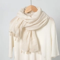 Creamy white cotton linen shawl scarf with delicate floral embroidery and fringe - Cream