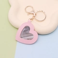Pink heart-shaped PU leather keychain with built-in mirror and golden metal clip - Pink Heart