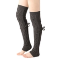Detail of dark grey cable-knit leg warmers with lace-up bow and ribbed cuffs - One Size / Dark Gray