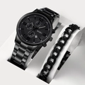SOKI men's black stainless steel quartz watch set with matching cuban link bracelet - Black