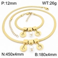 Golden titanium steel snake chain jewelry set with heart pearl and square charms - Boy Girl / Bracelet / Gold