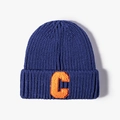Dark blue chunky knit beanie featuring an orange letter C towel embroidery patch - One Size / Royal Blue