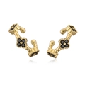 Macro detail of gold C-shaped ear cuffs featuring black clover motifs and beaded edges - Gold Black Zirconia