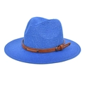 Detail of royal blue straw Panama hat featuring a brown leather belt with metal buckles - M (56-58cm) / Sapphire Blue