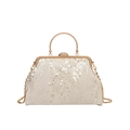 Champagne sequin evening clutch bag with gold metal handle and rhinestone clasp detail - White