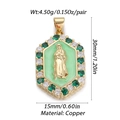 Macro detail of gold-plated copper pendant with green enamel and zircon stones - Hexagonal Madonna Portrait Style (045-3)