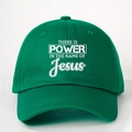 Green baseball cap with white 'Power in the Name of Jesus' print and adjustable strap - One Size / Olive Green