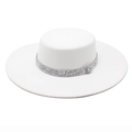 Elegant white wool felt boater hat with shimmering rhinestone band and flat top - M (56-58cm) / White