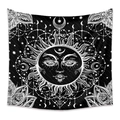 Detailed black and white bohemian sun and moon tapestry with celestial mandala patterns - ZJ2143-1/B&W Mandala Sun / 73X95CM/Brushed Fabric